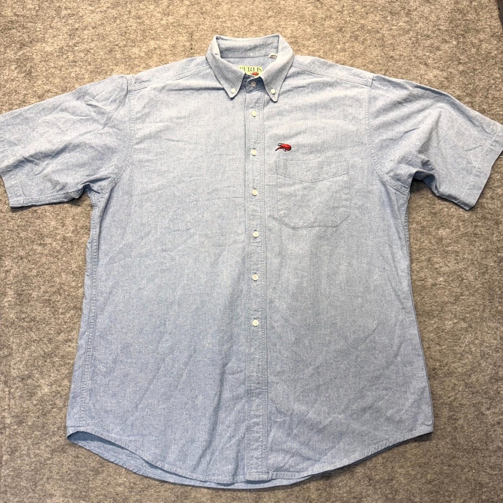 Perlis Button Down Shirt Men Large Embroidered Logo Cotton Blue Solid